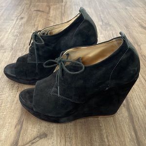 Rag & Bone Size 8 Black Suede Wedge Peeptoe Shoes